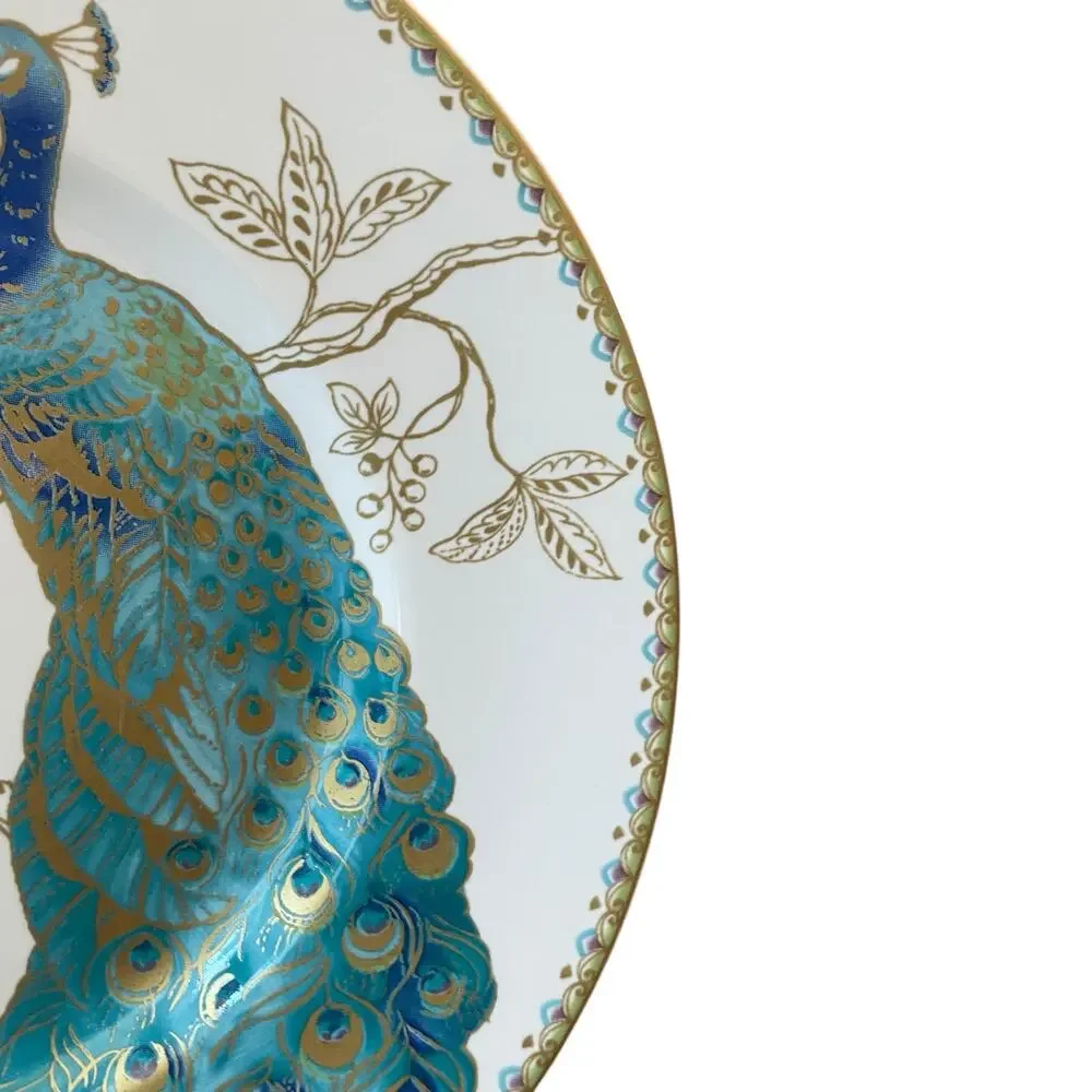 4pc 222 FIFTH Peacock Garden Porcelain Salad Plate Set Teal Gold Floral Scroll
